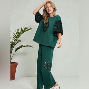 SET!! Umgee XL Green Wide Leg Pants and Top with Sequin Peace Sign